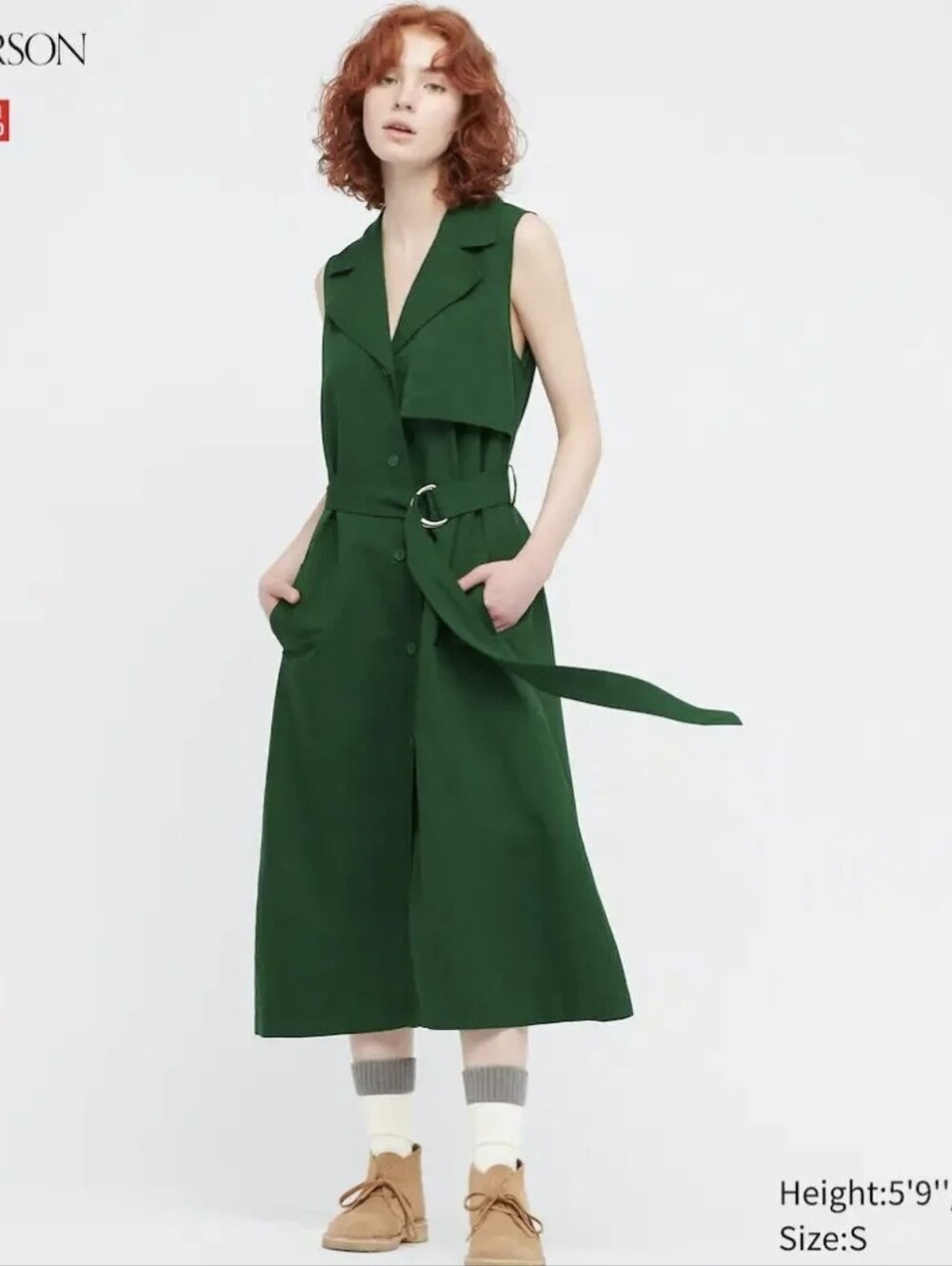 JW ANDERSON Forest Green Sleeveless  Button-Front Midi Dress, Size Small